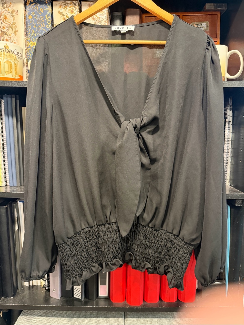 love J Black Tie-Neck Long Sleeve Blouse
